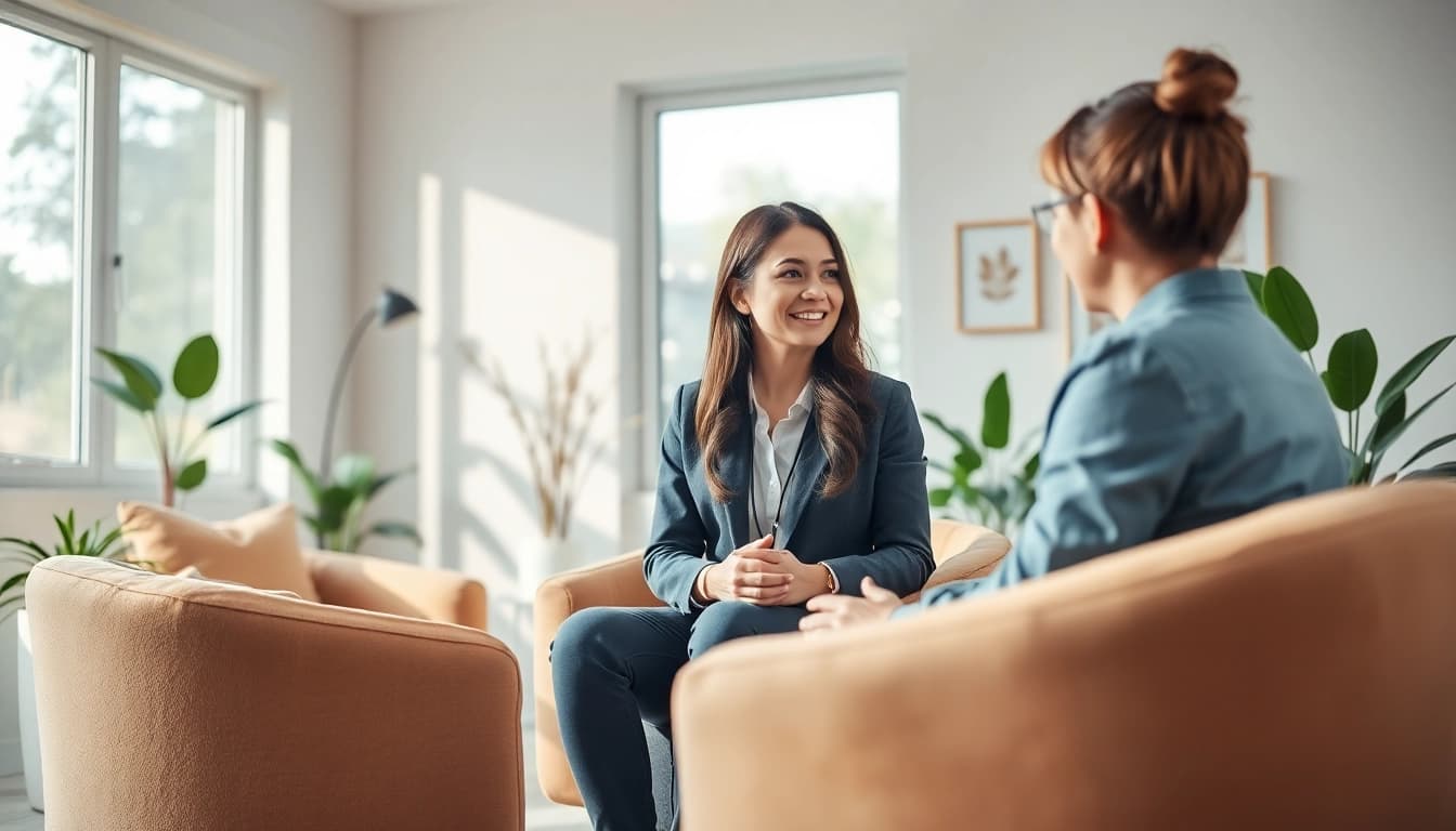 Therapist engaging with a client to alleviate stress and anxiety in a serene office.