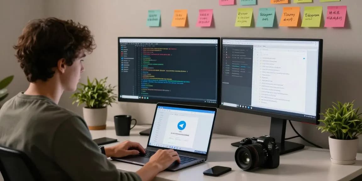 Custom Telegram Chinese setup in a modern workspace showcasing coding and app interface.