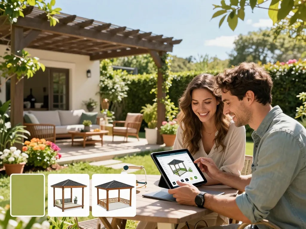 Couple using a pergola configurator in a sunlit garden to design their custom outdoor space.