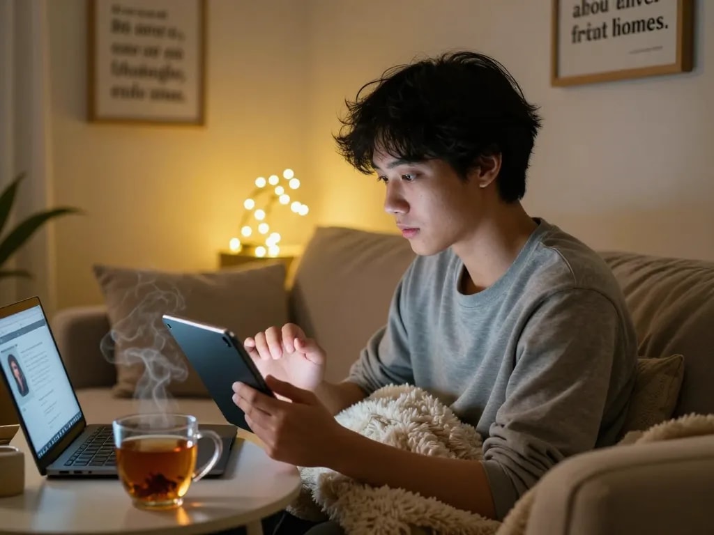 Youthful individual enjoying an interactive sex AI chat in a cozy room