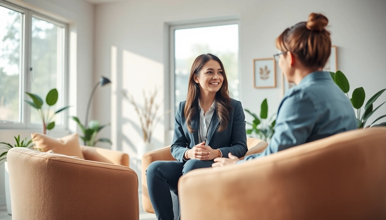 Therapist engaging with a client to alleviate stress and anxiety in a serene office.