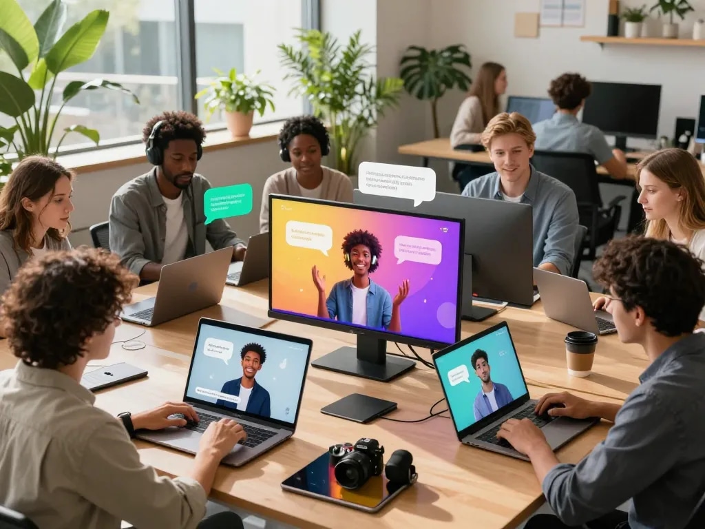 Users engaging in conversations with CrushonAI avatars in a vibrant modern workspace.