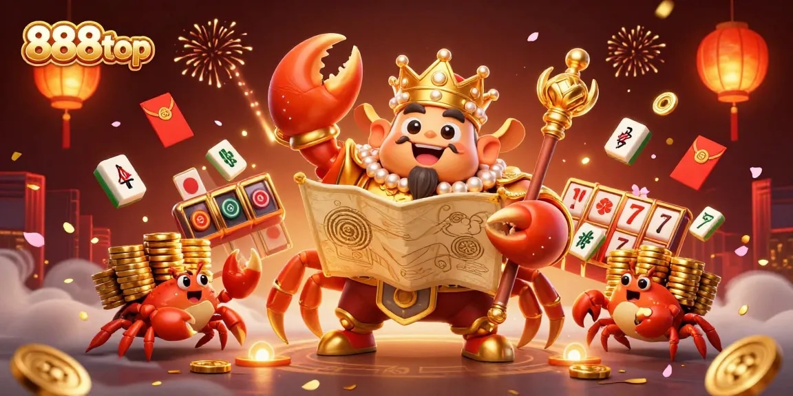 Engage with 888top's vibrant casino-themed scene featuring a crab emperor and rich gaming elements.