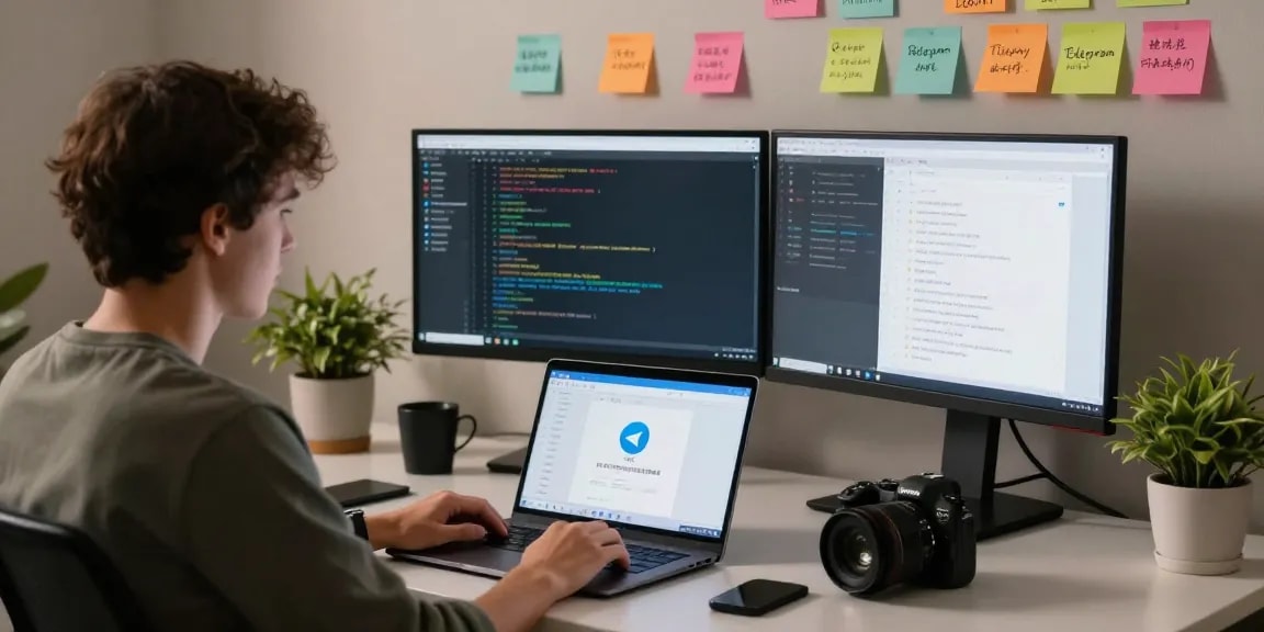 Custom Telegram Chinese setup in a modern workspace showcasing coding and app interface.