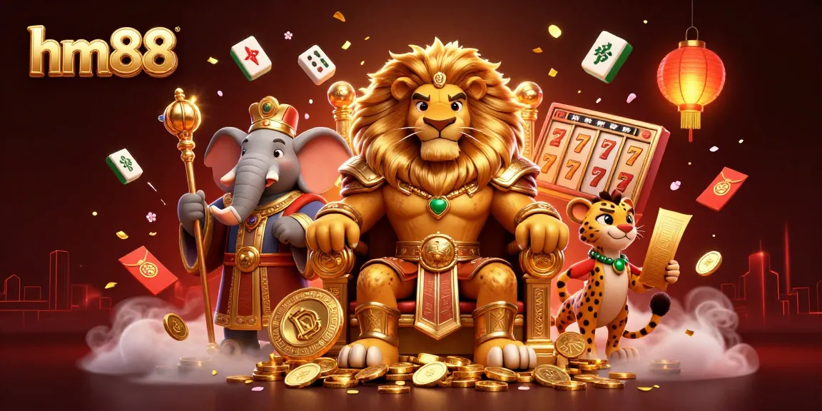 Spin jackpot reels with hm88's vibrant casino scene featuring regal characters and festive elements.