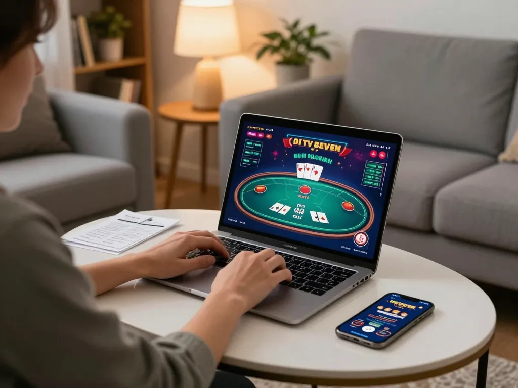Engaging with xx88 com on a laptop for online poker while enjoying a cozy home atmosphere