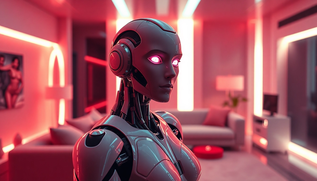 Humanoid sex bot interacting in a modern, cozy environment highlighting advanced AI features.