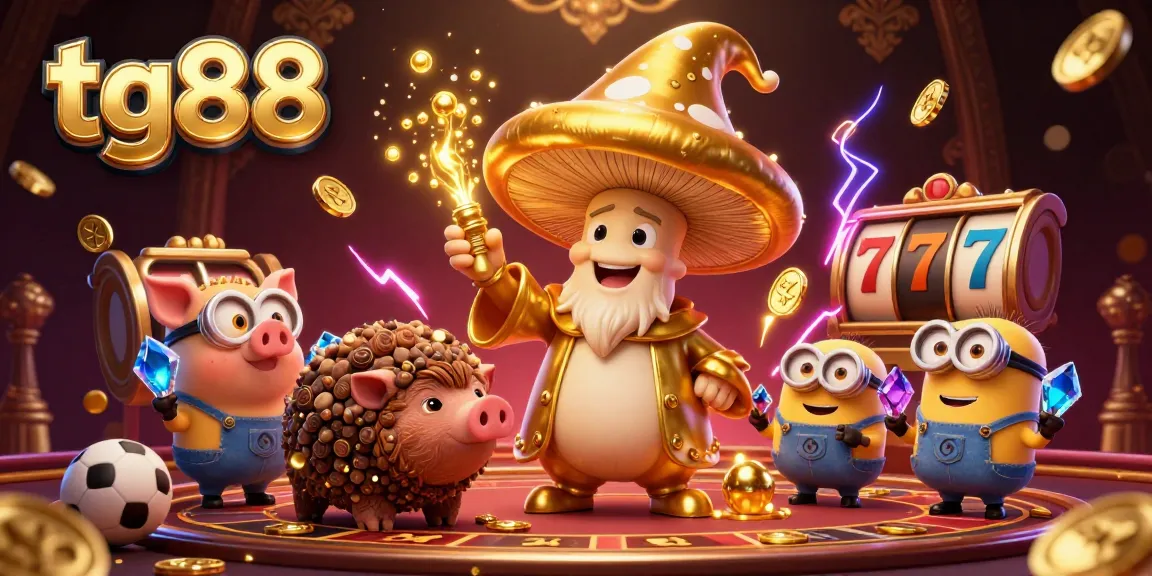Experience winning thrills with tg88 in a vibrant casino scene featuring a magical mushroom wizard and treasure-finding elements.