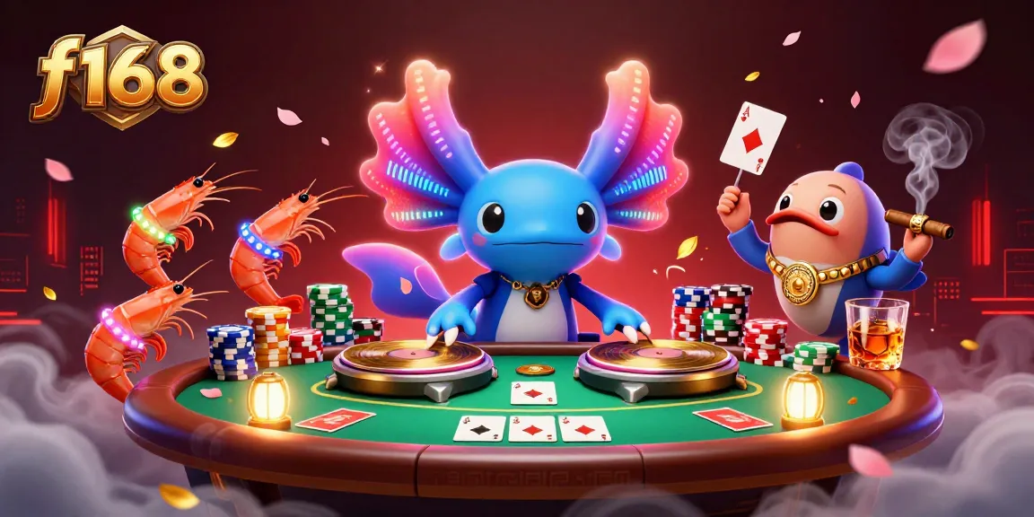 Engage with f168 casino action featuring a vibrant underwater scene with neon characters and poker elements.