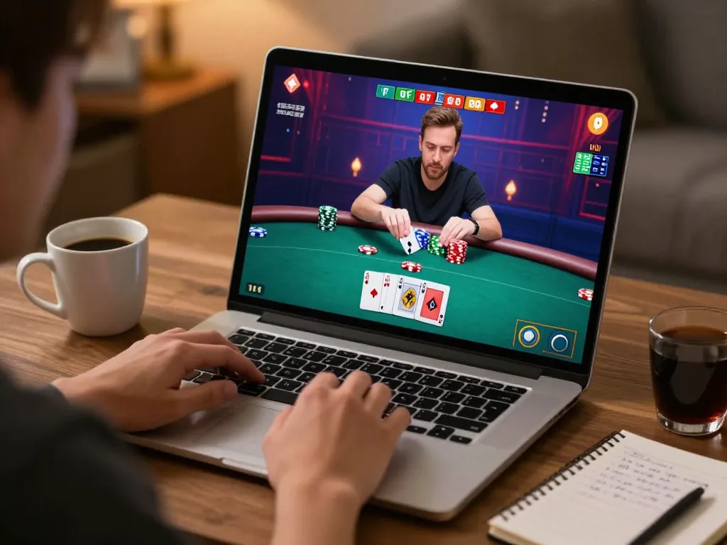Engaging in online poker gameplay with cm88 at home, showcasing strategy and focus.