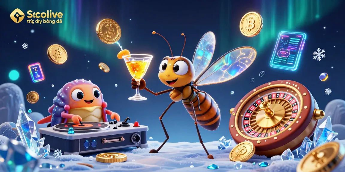 Socolive trực tiếp bóng đá featuring a lively 3D scene of a mosquito mascot, trilobite DJ, and roulette wheel, symbolizing the excitement of online gambling.