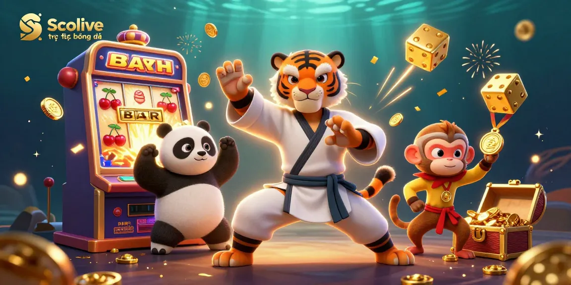 Socolive trực tiếp bóng đá features colorful casino elements with dynamic action involving a kung fu tiger master, making the betting experience exciting.