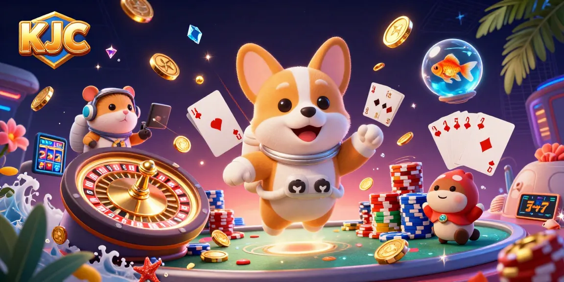 KJC casino experience featuring a 3D astronaut corgi in a vibrant space station, engaging players with poker and slot games.
