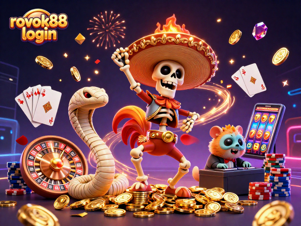 Experience the excitement of rokok88 login with a vibrant casino celebration featuring unique characters.