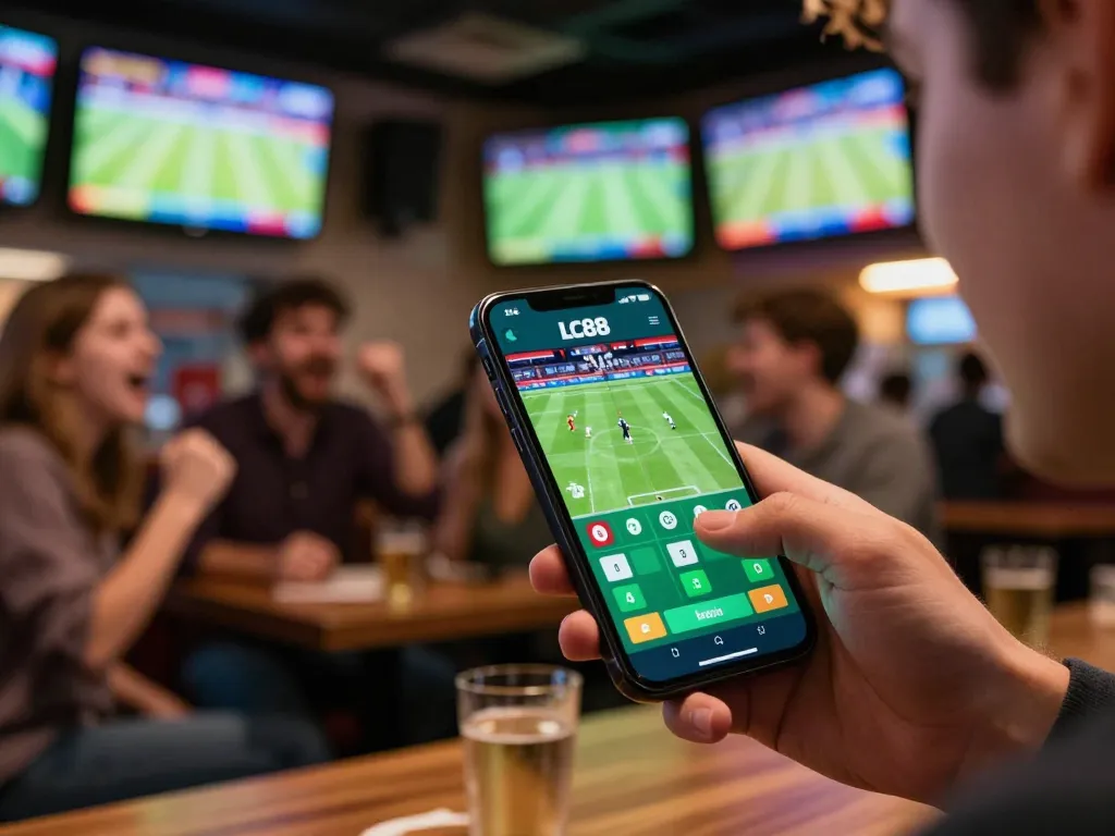 Engaging LC88 user placing a live sports bet using mobile app in a lively sports bar setting.