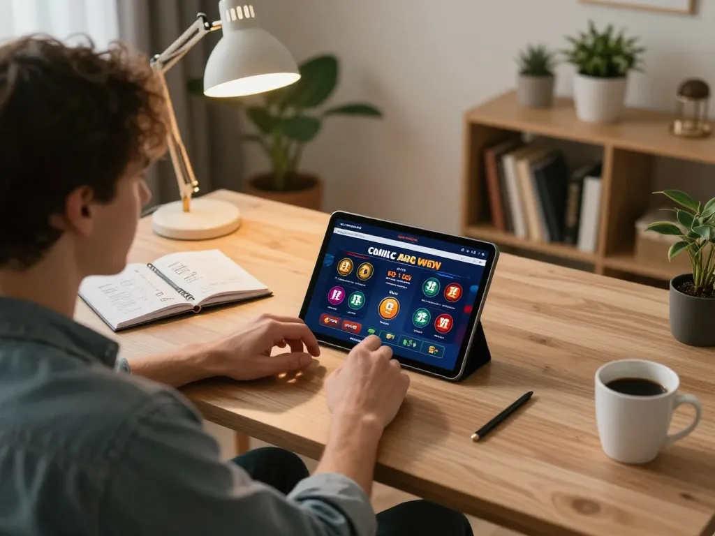 KJC online gaming session featuring a player using tablet for strategic gambling.
