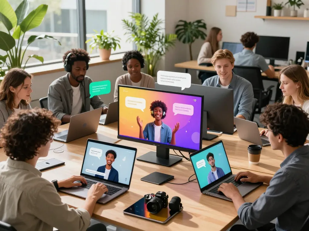 Users engaging in conversations with CrushonAI avatars in a vibrant modern workspace.