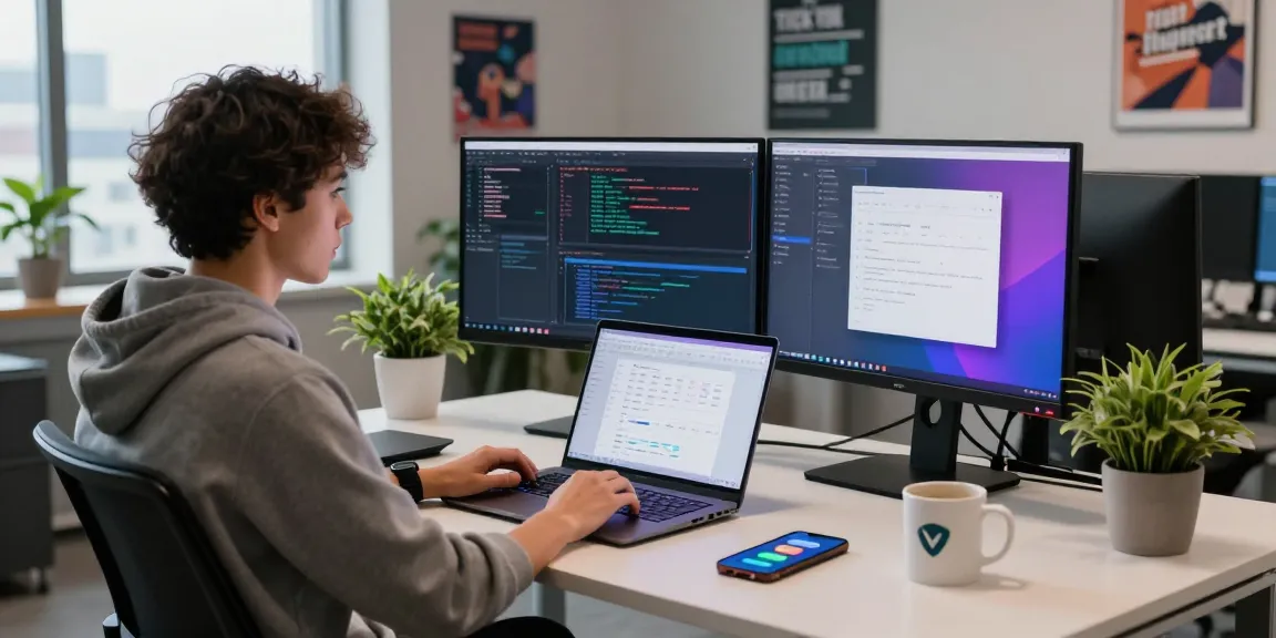 Engaging workspace featuring a developer working on WPS Download projects, with dual monitors and vibrant coding environments.