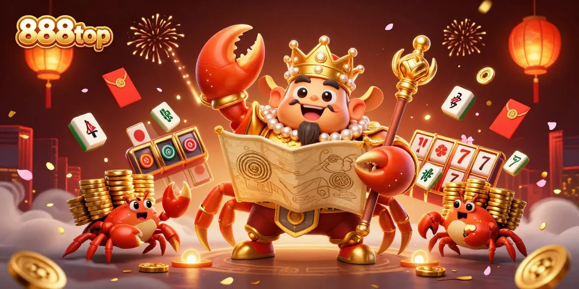 Engage with 888top's vibrant casino-themed scene featuring a crab emperor and rich gaming elements.