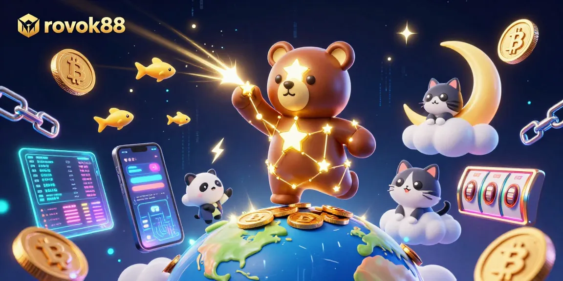 Engage with rokok88 as the constellation bear gathers coins, illuminated by vibrant crypto elements and slot symbols.