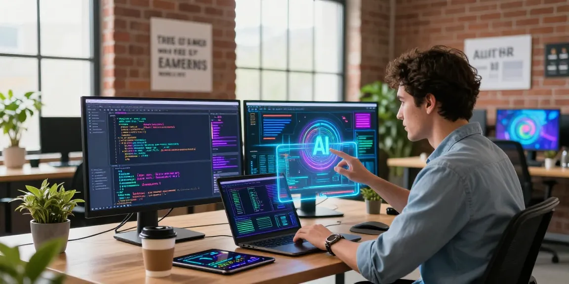 Dynamic workspace demonstrating spicy AI development with holographic interface and colorful data displays.