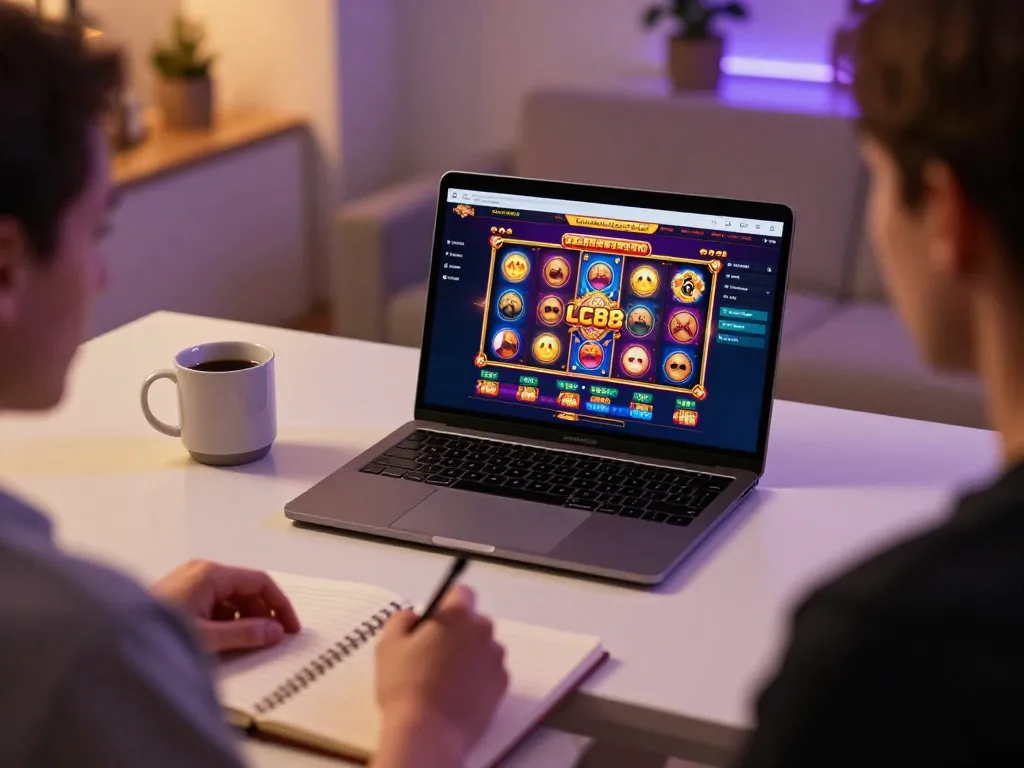 Player engaging with the lc88 app on a sleek laptop while strategizing for slot games, cozy home atmosphere