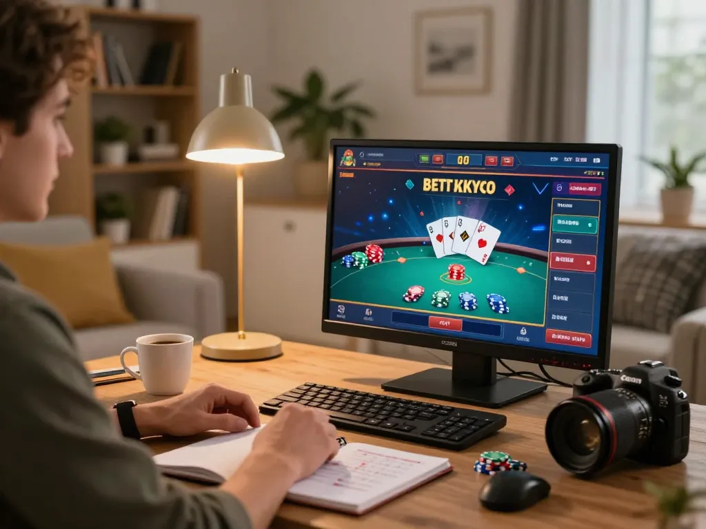 Engaged in kuwin vom online poker, a player strategizes in a cozy home gaming setup with vibrant chips and cards.