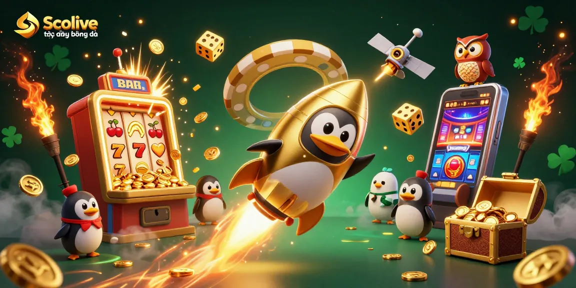 Socolive trực tiếp bóng đá showcases an engaging visual of a golden penguin racing to a casino space station.