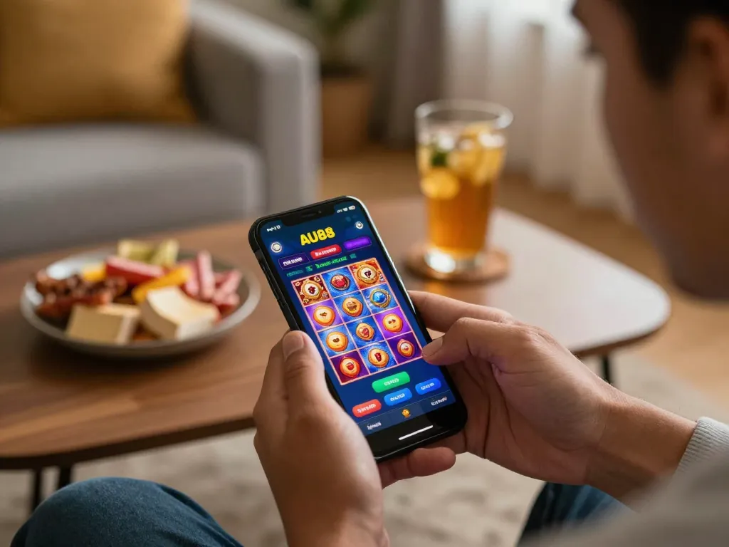 Engaging with the AU 88 casino app on a smartphone during a cozy home gaming session.