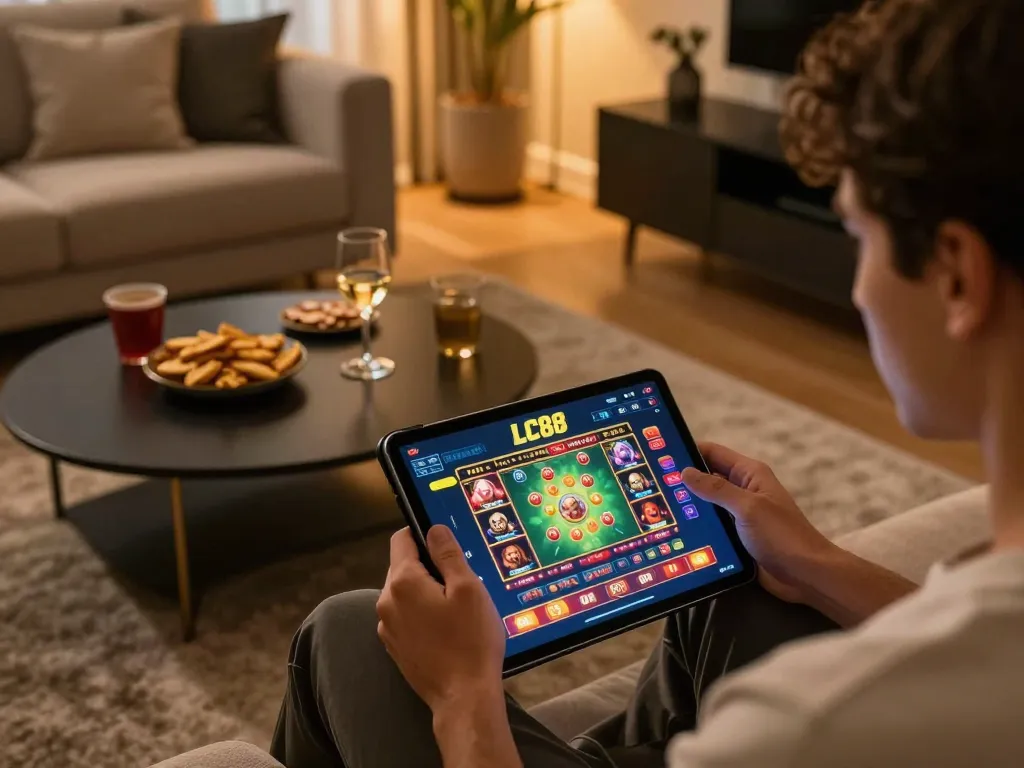 Engaging moment playing at nhà cái lc88 casino on a tablet in a cozy home setting.