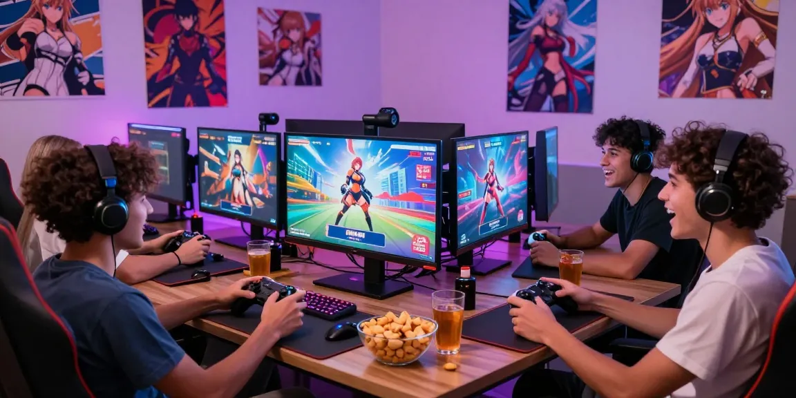 Friends enjoying free hentai games in a cozy gaming room with snacks and bright LED lights.
