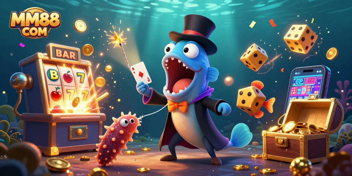 Engage with MM88 COM through a captivating underwater casino scene with vibrant characters and treasures.