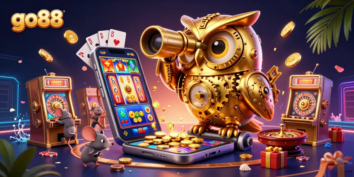 Engage with go88's lively casino scene featuring a clockwork owl overseeing a vibrant slot game experience.