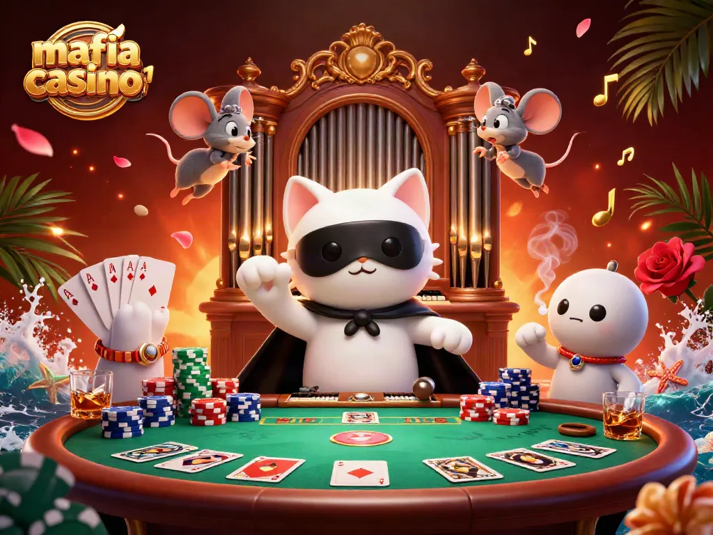 Engage with the vibrant mafia casino 1 scene showcasing a whimsical cat and acrobat amidst poker elements.
