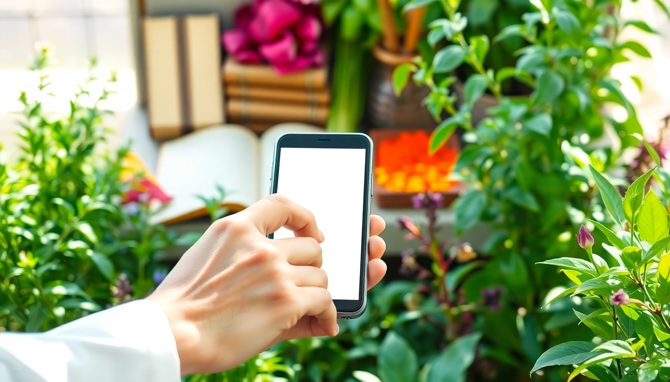 Engaging with the Ayurveda Mobile App in a serene herb garden space.