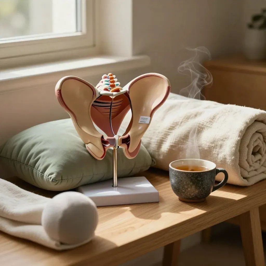 Modello pelvico, cuscino gravidanza, tisana e coperta in una stanza consulenza calda e silenziosa.