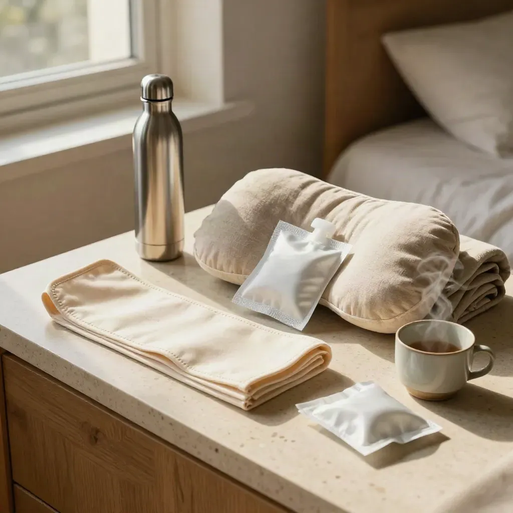 Kit post parto su comodino in travertino con fascia, cuscino allattamento, borraccia e tazza fumante