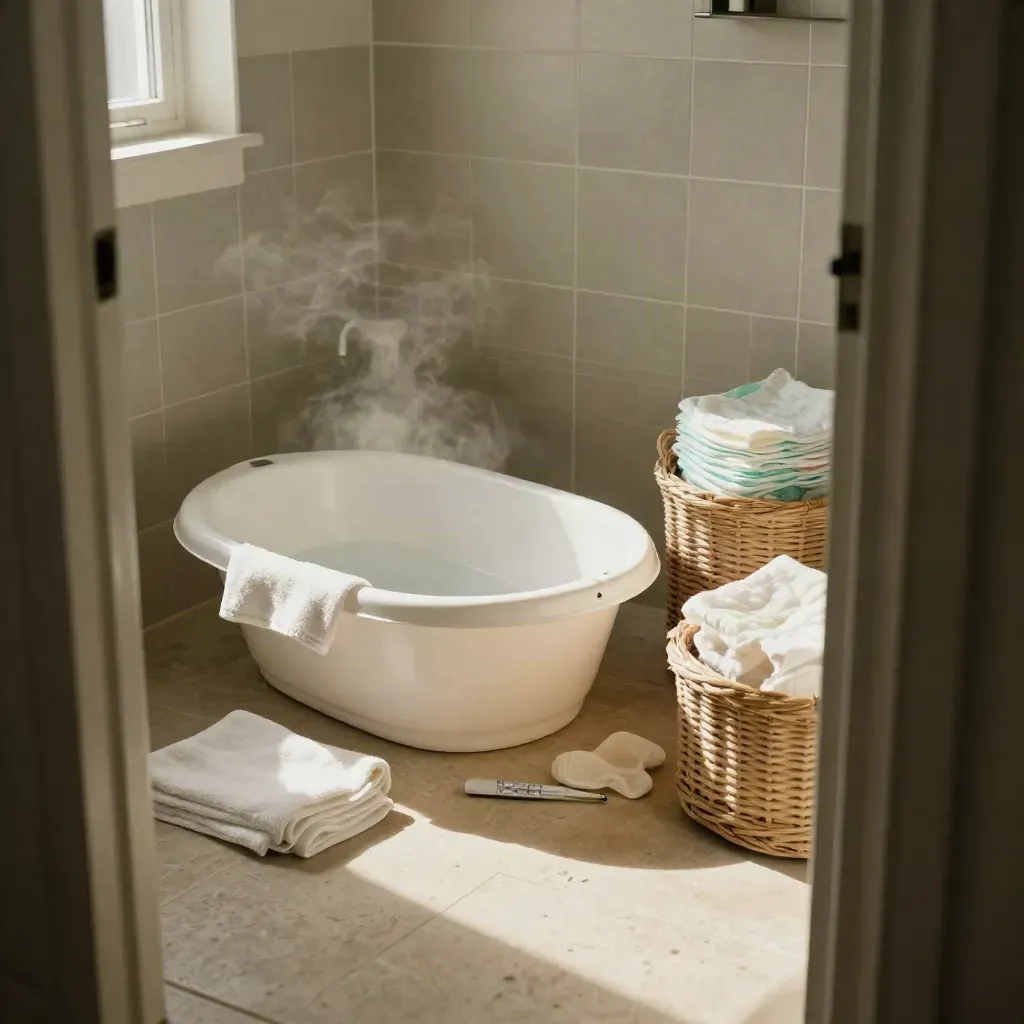 Angolo bagno per neonato con vaschetta bianca, asciugamano, garze e cesto pannolini.