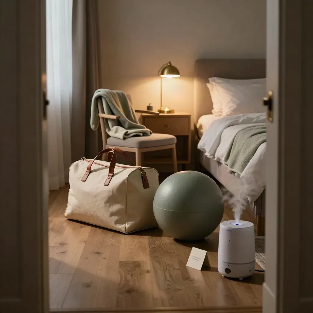 Camera da parto chiusa, palla da parto, coperta e lampada da comodino in camera pronta