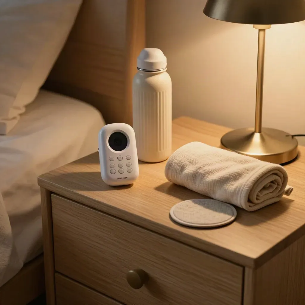 Comodino notturno ordinato con baby monitor, coperta piegata, fascia neonato e borraccia.