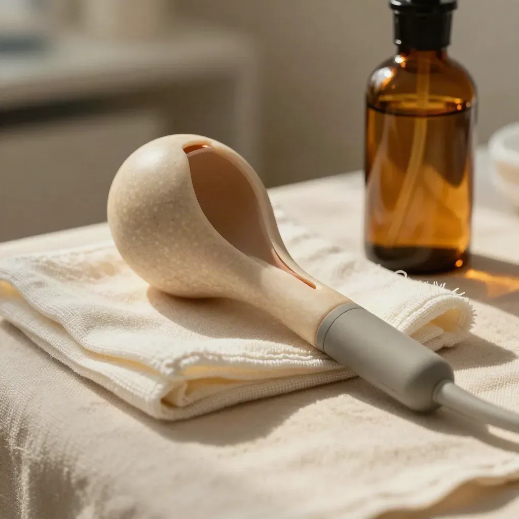 Oggetti ostetrici su lino crema con flacone ambrato e modello pelvico