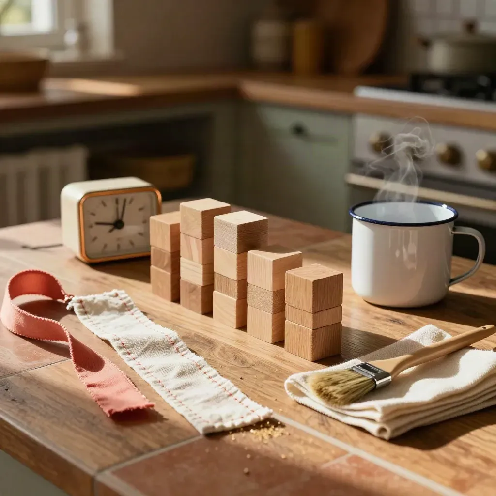 Set didattico per genitori con blocchi di legno, timer, tazza smaltata e tessuto su piano caldo.