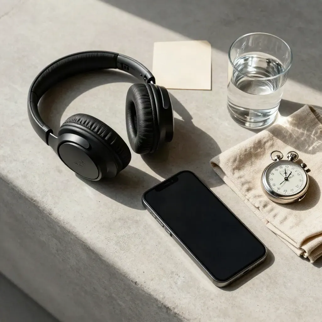 Cuffie wireless, telefono in vivavoce, timer e bicchiere d'acqua su lino e cemento.