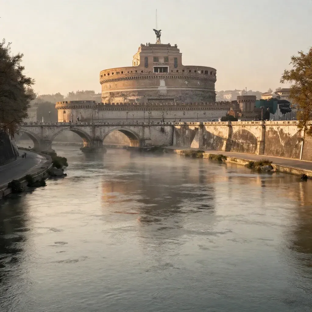 Castel Sant’Angelo e il Tevere all’alba, immersi nella foschia dorata.