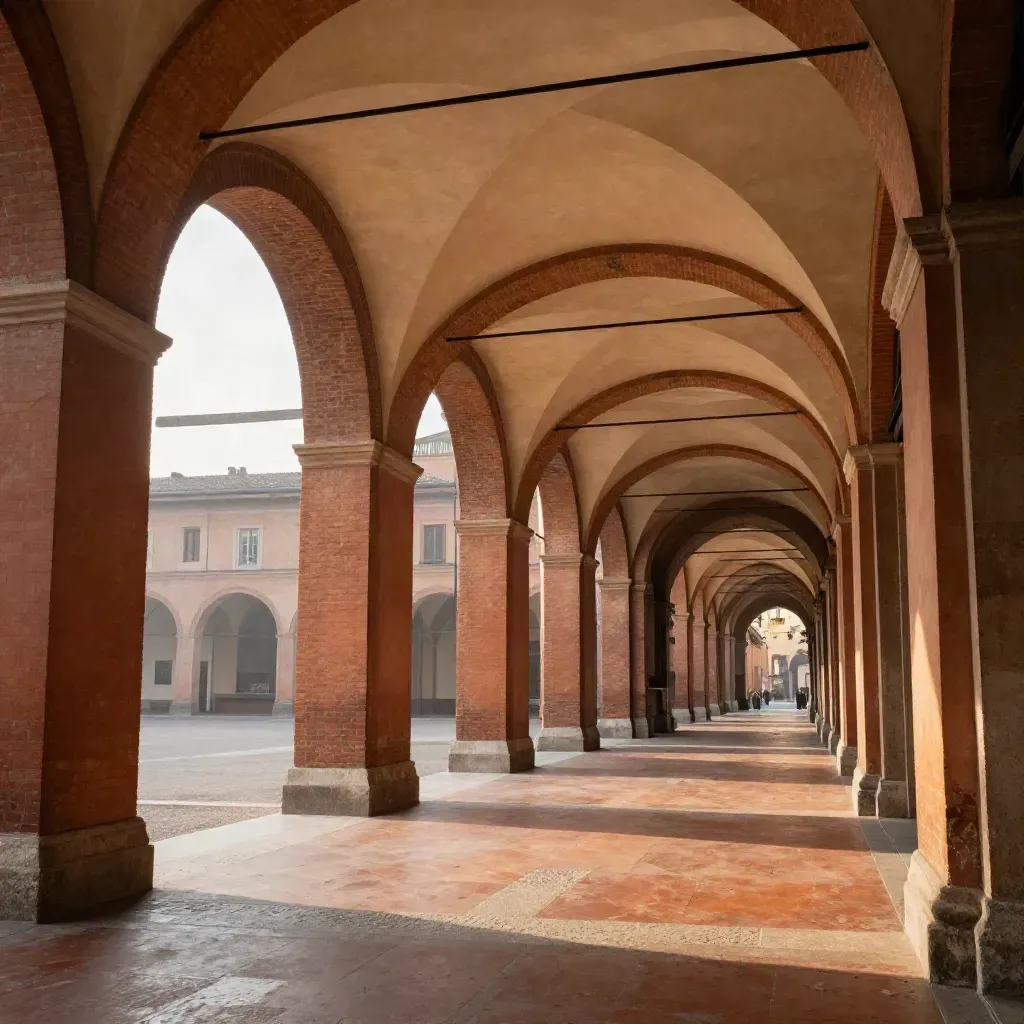 Portici di Bologna in prospettiva con pavimento caldo e luce estiva velata