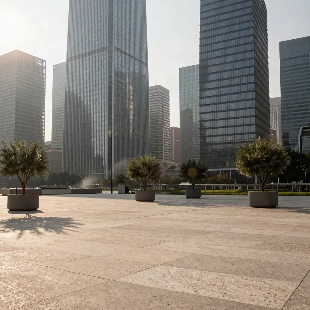 Piazza di Milano sfocata con skyline sobrio e luce calda tra grattacieli