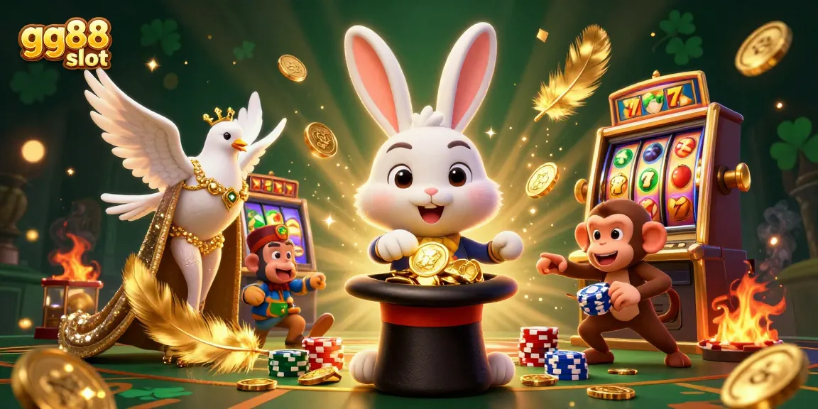 Experience the excitement of gg88 slot with a magical illustration of a rabbit, dove, and monkey amidst dynamic game elements.