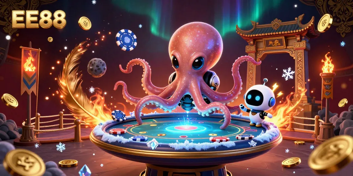 Experience thrilling gameplay with EE88 at the vibrant holographic poker table surrounded by excitement.