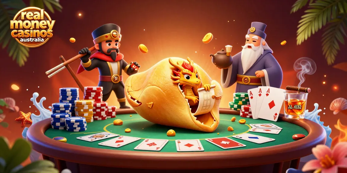 Engage with real money casinos Australia in a vibrant poker-themed illustration featuring fortune cookies and gaming elements.