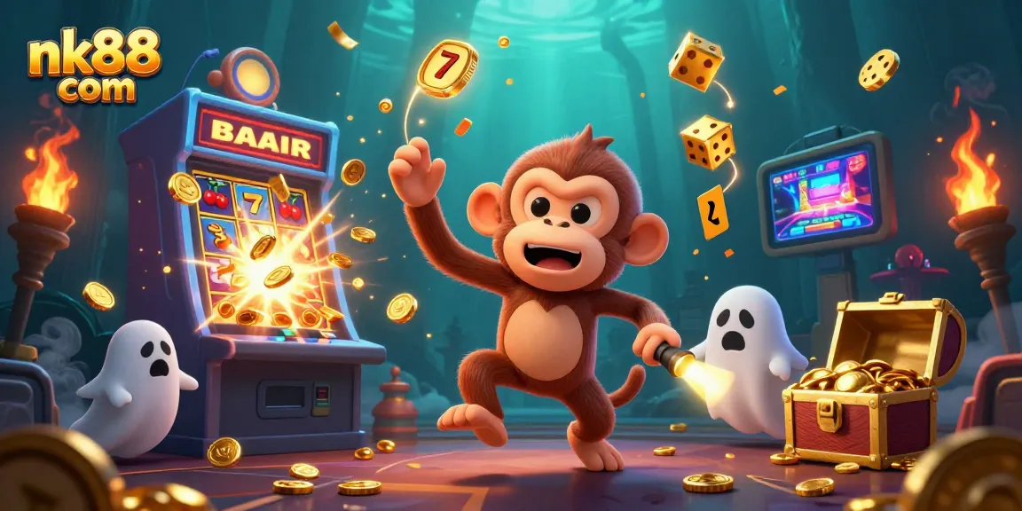 Engage in exciting gameplay at nk88 com, featuring a poltergeist monkey and a ghost-hunter puppy in a vivid casino setting.